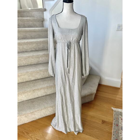 Vintage 1970s Metallic Silver Baby Doll Blouson Sleeve Maxi Hostess Dress - Picture 1 of 5